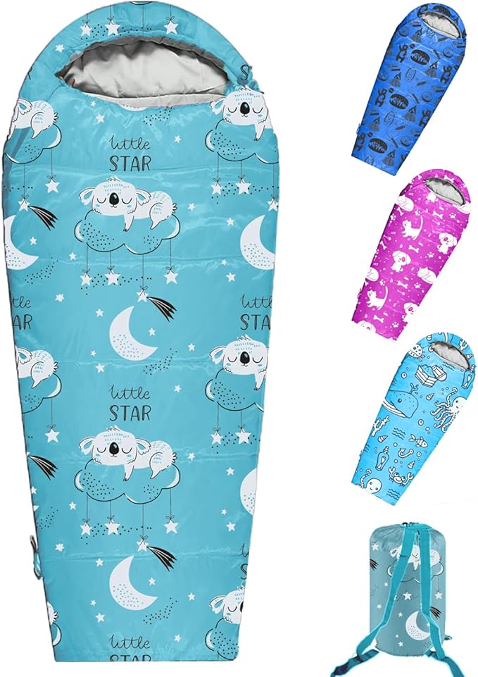 KidzAdventure Mummy Style 32 – 59F Kids Sleeping Bag with Pillow Sleeve, 4 Season, Lightweight and Backpacking Style, Ideal for Camping, Sleepover, Boys, Girls, and Youth