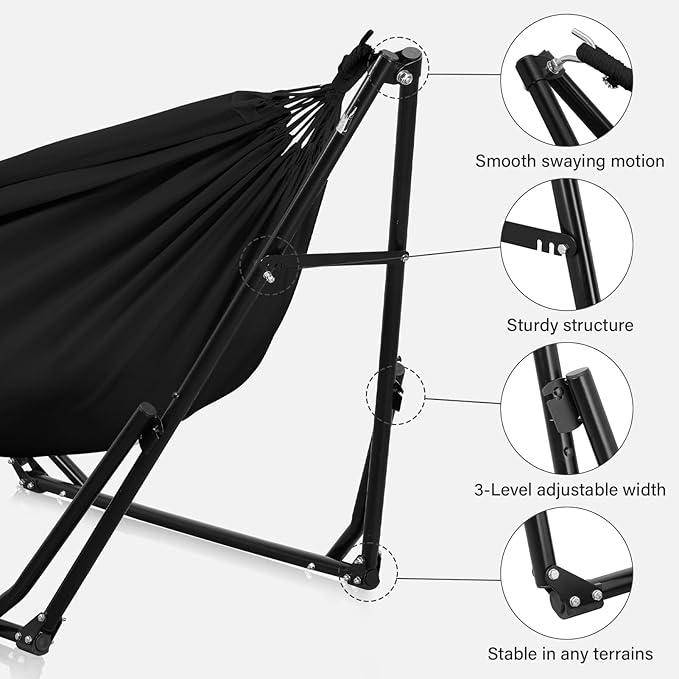 2 in 1 Hammock with Stand, Outdoor Hammock Swing Chair with Portable Heavy Duty Stand, Multi-Functional Hammock Stand 480 lbs Weight Capacit-Black