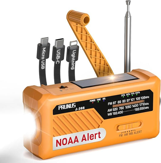 PRUNUS J-366 Emergency Radio with 3 Charging Cables, NOAA Weather Alert, 7400mWh/Solar/Hand Crank/USB-C Charging, Battery Operated, WB/AM/FM, SOS Alarm, Flashlight, Compact for Bag, NOAA Radio