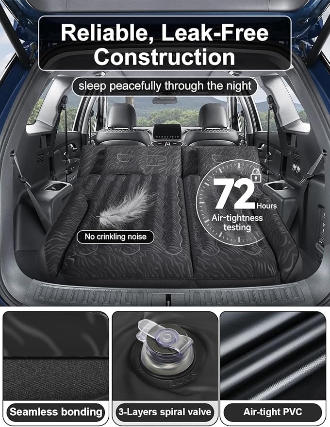 Umbrauto SUV Air Mattress for Back Trunk Folded Backseat, Inflatable Car Camping Bed for Sleeping Travel, Flocked Surface Reinforced Bottom Fits Most Size SUVs with Pump, Pillows, Carry Bag