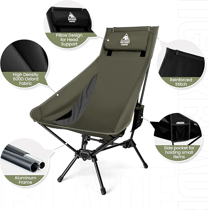 ONETIGRIS Tigerblade High Back Camping Chair with Pillow Design, Comfortable Widened Seat Folding Chair