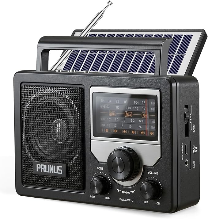 PRUNUS J-81 AM FM Radio Portable Bluetooth, Solar/D Battery Operated/USB-C Rechargeable for Emergency, Transistor Radios with Headphone Jack,Support TF Card/USB Playing, Large Knob Easy to Use