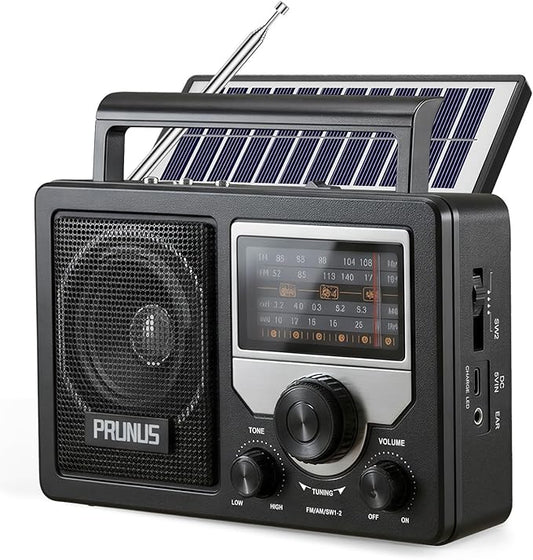 PRUNUS J-81 AM FM Radio Portable Bluetooth, Solar/D Battery Operated/USB-C Rechargeable for Emergency, Transistor Radios with Headphone Jack,Support TF Card/USB Playing, Large Knob Easy to Use