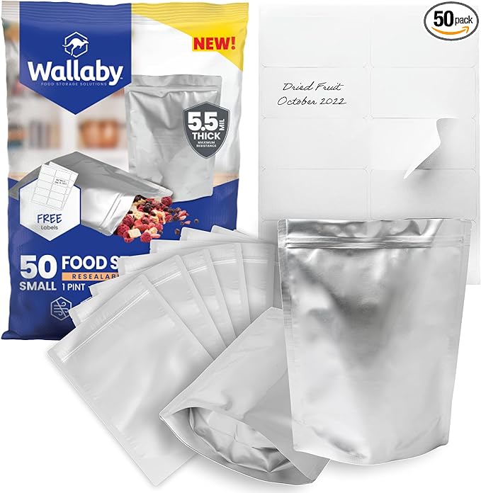 Wallaby 50 Count 1-Pint Gusset Mylar Bags with Labels, 11 Mil Total Thickness Long-Term Food Storage Pouches, 8x6 Stand-Up Zipper Heat-Sealable Airtight Packaging - Silver