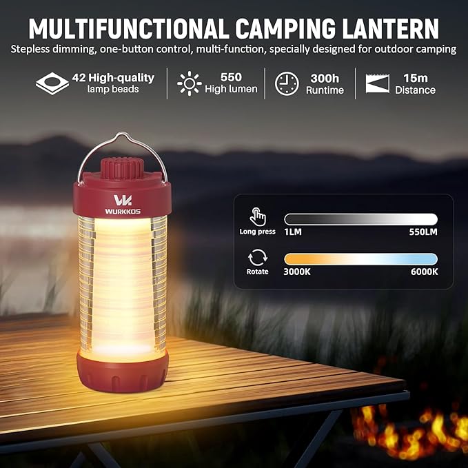 Wurkkos CL01 Camping Lantern Rechargeable, 550LM Camping Light with Magnet Base, RGB Light, Stepless Dimming, Up to 300H Runtime, Led Lantern for Power Outages, Hurricane, Camping, Red, Best Gift