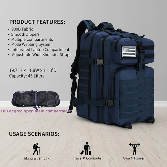 45L Military Tactical Backpack for Men & Women Bug Out Bag Assault pack Molle Daypack Hiking Trekking Rucksack(45L blue)