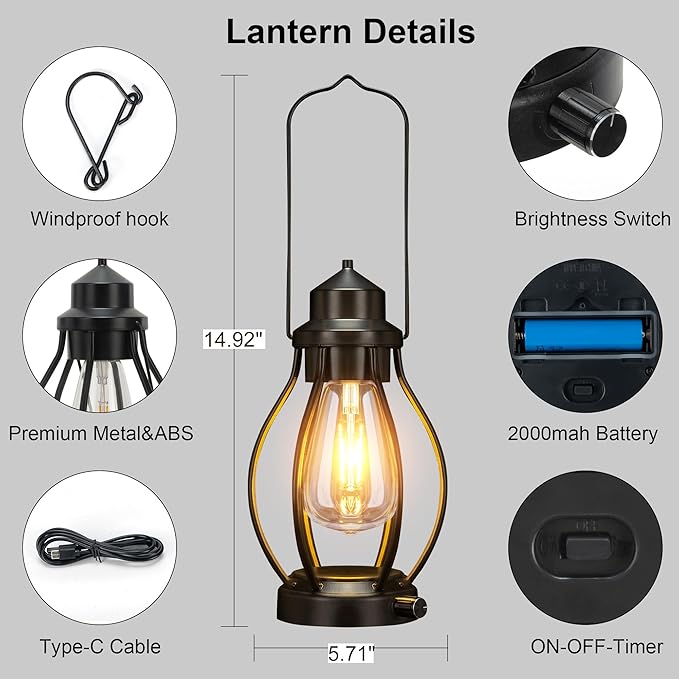 pearlstar Rechargeable Camping Lanterns 2 Pack Black Portable LED Decorative Lamps Outdoor Indoor Battery Operated/USB-C Charge, Dimming Edison Blub light with Timer, for Table Patio Garden Yard Porch