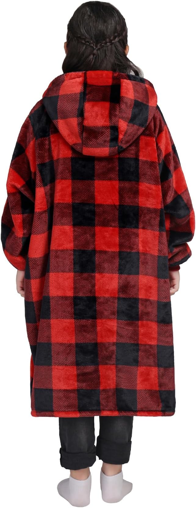 Waitu Wearable Blanket for Kids, Wearable Blanket Hoodie Gifts for Teens Girls and Boys, Warm Blanket Sweatshirt for Teenage, Hoodie Blanket with Sleeves - Red and Black Plaid