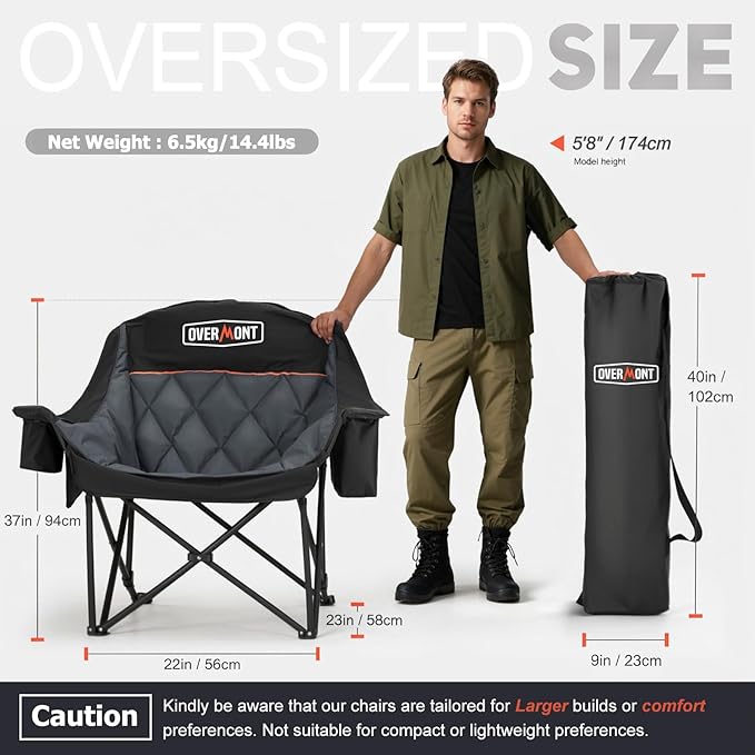 Overmont Oversized XL Camping Chair for Adults - 400lbs Support Heavy-Duty Padded Folding Chair with Side Pocket Cup Holder Cooling Bag for Outdoor Sports Garden Beach Fishing Lawn Black 2pcs