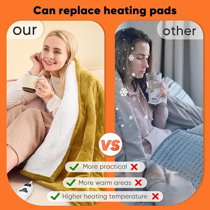 greenoak Heated Blanket Electric Throw 50"X60", Heating Blankets with 10 Heat Levels 8 Hours Auto-Off, Soft Flannel Sherpa Fluffy House Warming Gifts for Grandma Seniors Mom,Brownish Yellow