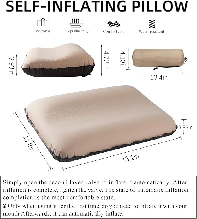 Inflatable Pillow for Camping, Automatic Travel Pillow with Memory Foam, Portable Ergonomic Pillow for Airplane, Hotel, Hiking, Backpacking, Beige