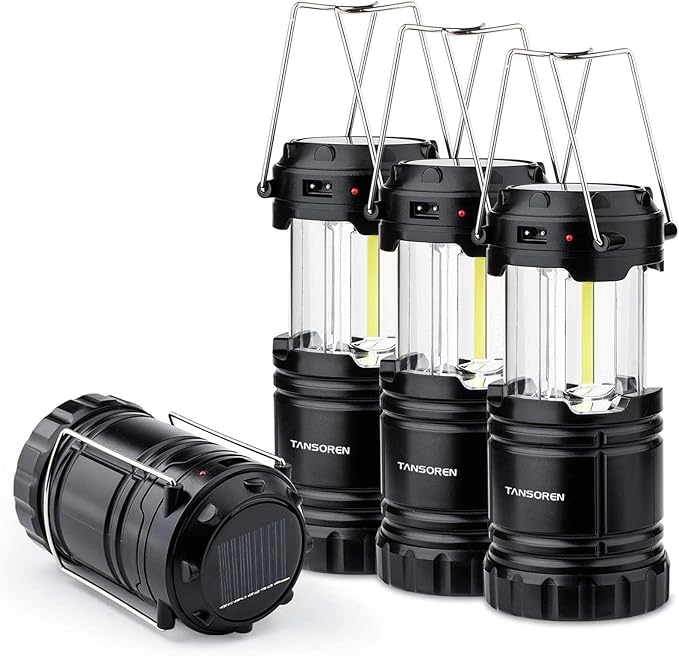 4 Pack Solar USB Rechargeable 3 AA Power Brightest COB LED Camping Lantern, Waterproof Collapsible Emergency LED Light