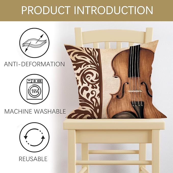 Classical Music Decorative Throw Pillow Covers 20 x 20 Set of 4, Vintage Instrument Violin Piano Trumpet Note Home Decor, Retro Sofa Couch Cushion Case Music Lover Singer Fan Housewarming Gift
