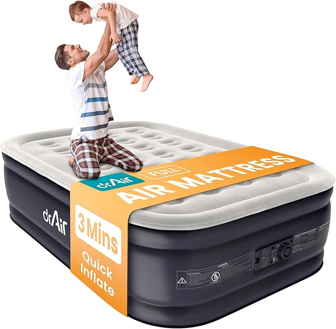 Dr. air Full Air Mattress with Built-in Pump, 18" Raised Blow Up Mattress, 600 lbs Max Honeycomb Air Bed, 48Hr Leak-Proof Test, 3min Inflatable Mattress for Home, Guests, Camping, Colchones inflables