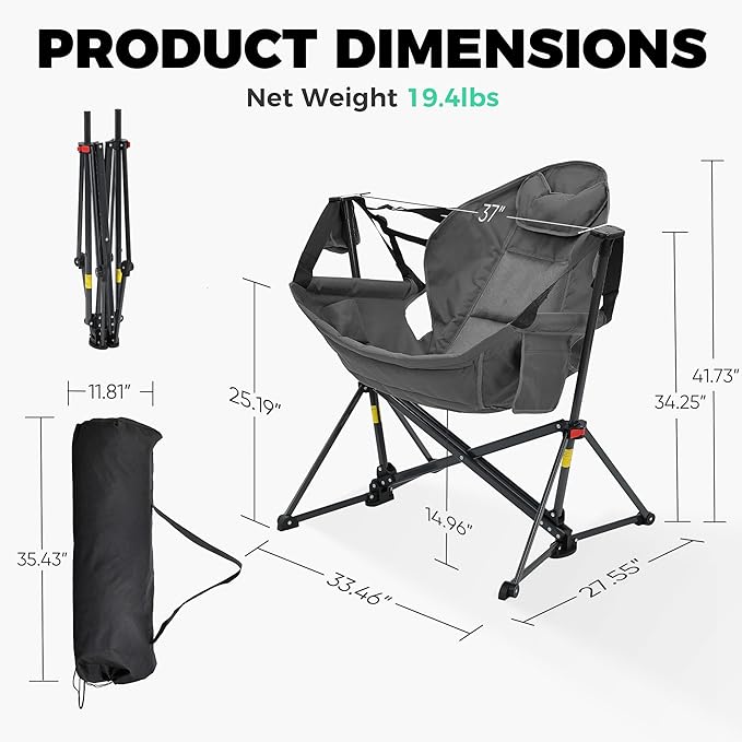Ainfox Hammock Camping Chair, Foldable Portable Rocking Chairs for Adults Outside Swinging Camp with Cup Holder Pillow for Outdoor Patio Poolside (Grey)