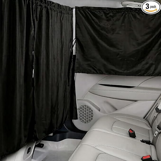 Car Privacy Curtains, Set of 3 Upgraded Double-Layer Large Size Car Divider Curtain+Side Window Sunshade with Storage Bag, High Privacy Curtains for Travel Camping Nap Sleeping (Black)