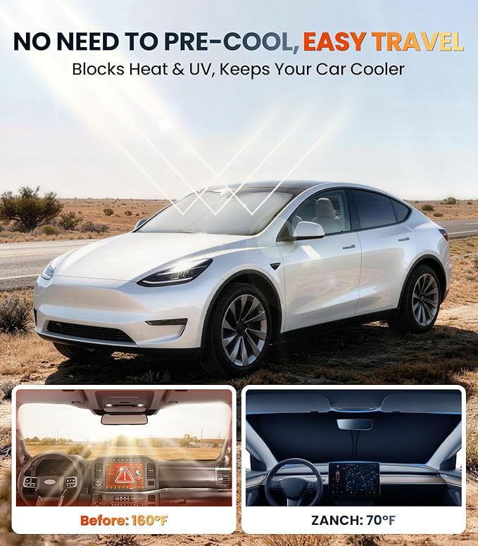 Zanch Custom Windshield Sun Shade for Tesla Model 3 2023-2026, 7-Layer UV & Heat Block, 3D Laser Scanned, Interior Protection, Keep Car Cooler, Foldable Car Accessories