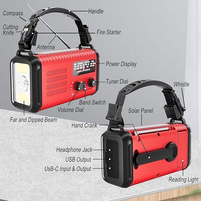 Emergency Hand Crank Radio, NOAA Weather Radio, 20000mAh Rechargeable Solar AM/FM Radio, Portable USB-C Fast Charger, Flashlight, Reading Lamp SOS Alarm for Hurricane Storm Camping Hiking (Red)