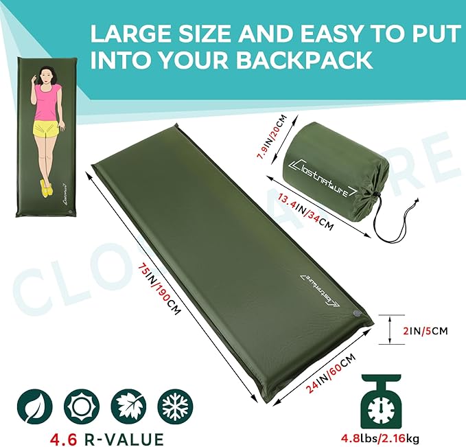 Clostnature Self Inflating Sleeping Pad for Camping - 1.5/2/3 inch Camping Pad, Lightweight Inflatable Sleeping Mat for Backpacking, Compact Ultralight Foam Air Mattress for Tent, Hammock
