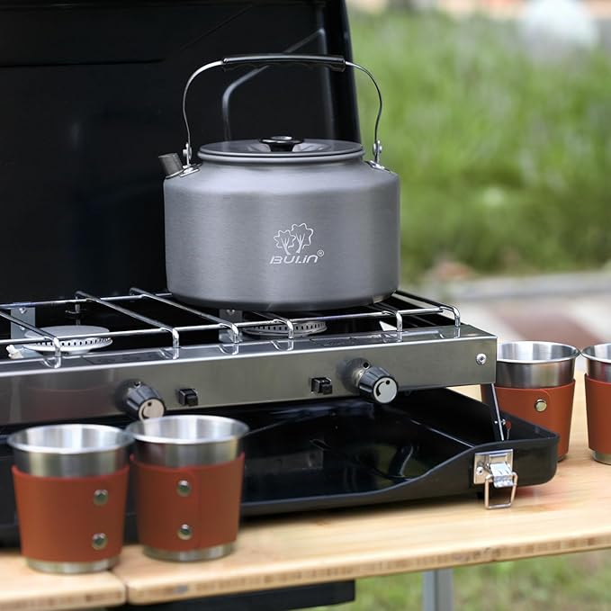 Bulin Camping Kettle, 2.2L Large Portable Stovetop Tea Kettle Fast Heating Boiling Hot Water for Open Fire Lightweight Coffee Pot with 4 Camping Cups & Anti-scald Sleeves for Outdoor Hiking Picnic