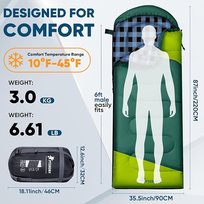 PTEROMY Sleeping Bags for Adults, Lightweight and Machine Washable, Water Resistant Backpacking Camping Sleeping Bag for Warm Cold Weather, Camping Essentials for Hiking Travel