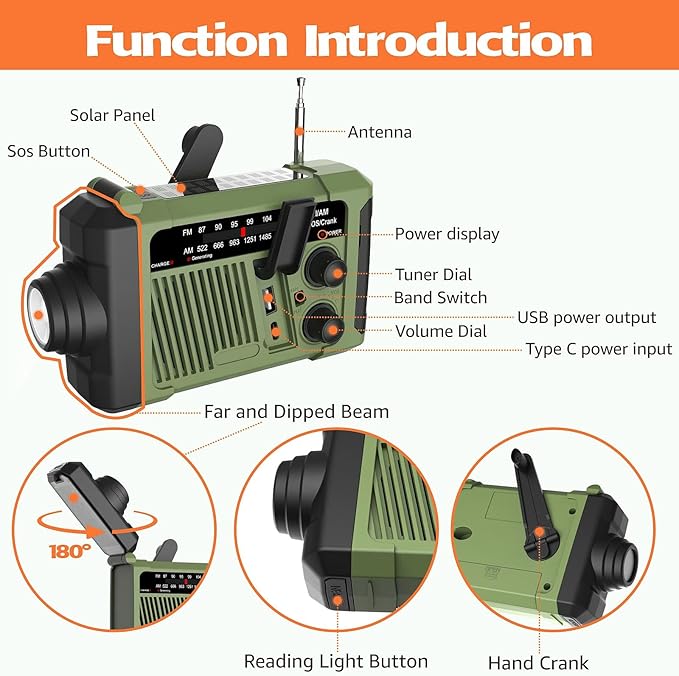 Emergency Hand Crank Solar Radio - AM/FM/WB NOAA Weather Radio with 1800mWh Battery, 3W Flashlight & Reading Lamp, SOS Alarm, Portable for Phone Charging (Green)