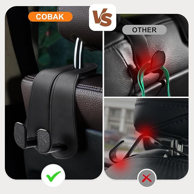CoBak Extra Wide Car Seat Back Hooks, Premium Stitched Leather Headrest Hangers with Wide Slot Structure, Universal for Any-Width Purses, Handbags, Bags (2 Pack),Black