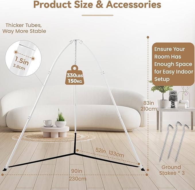 Hammock Chair Stand for Multi-Use, Heavy-Duty Sensory Swing Stand for Indoor & Outdoor, with Height Adjustable Triangular Design, 330 lbs Capacity, Easy Assembly, Stand Only - White