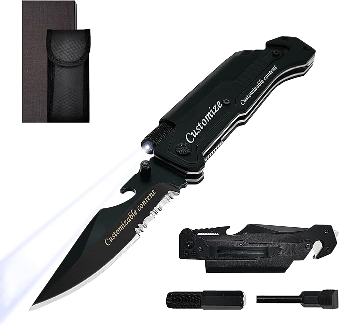 Mothers Day Fathers Day Gift - Personalized Custom Engraving Gifts for Him Her, 6-in-1 Multifunctional Folding Pocket Knives with LED Light, Seatbelt Cutter, Glass Breaker, Magnesium Fire Starter, Bottle Opener