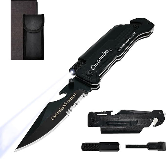 Mothers Day Fathers Day Gift - Personalized Custom Engraving Gifts for Him Her, 6-in-1 Multifunctional Folding Pocket Knives with LED Light, Seatbelt Cutter, Glass Breaker, Magnesium Fire Starter, Bottle Opener