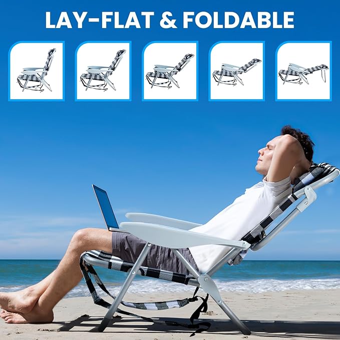 Portable Beach Chair for Adults, Outdoor Camping Chair Lay Flat Folding Backpack Beach Reclining Chair with 5 Positions, Headrest, Cup Holder, Heavy Plaid