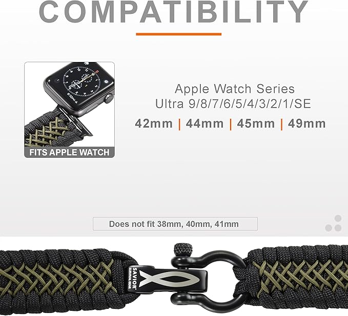 Savior Survival Gear Paracord Watch Band, Compatible with Apple Watch Band 49mm 46mm 45mm 44mm 42mm - iWatch Band Series Ultra 10 9 8 7 6 5 4 3 2 1 SE – Adjustable strap for men (Black - Green, Large)