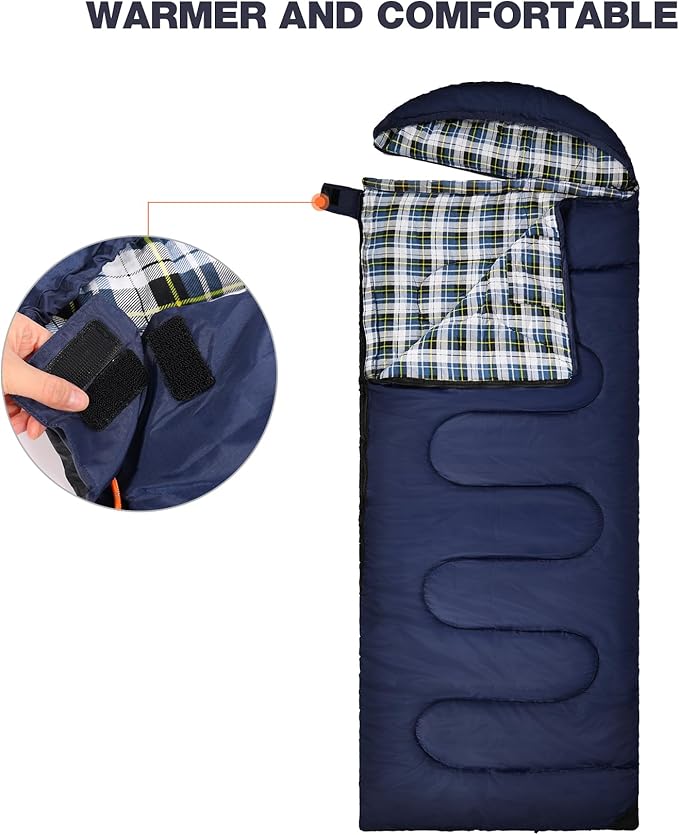 REDCAMP Flannel Sleeping Bag for Adults, Comfortable Cotton Sleeping Bags for Camping with Detachable Hood, Red/Grey/Blue/Black