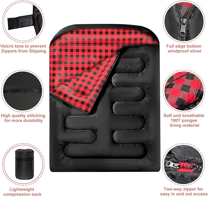 Double Sleeping Bags for Adults, Queen Size 2 Person All Season for Warm & Cold Weather Backcountry Ski Skins | Fits Kids 10-12 - Lightweight & Waterproof Camping Essentials for Hiking, Backpacking
