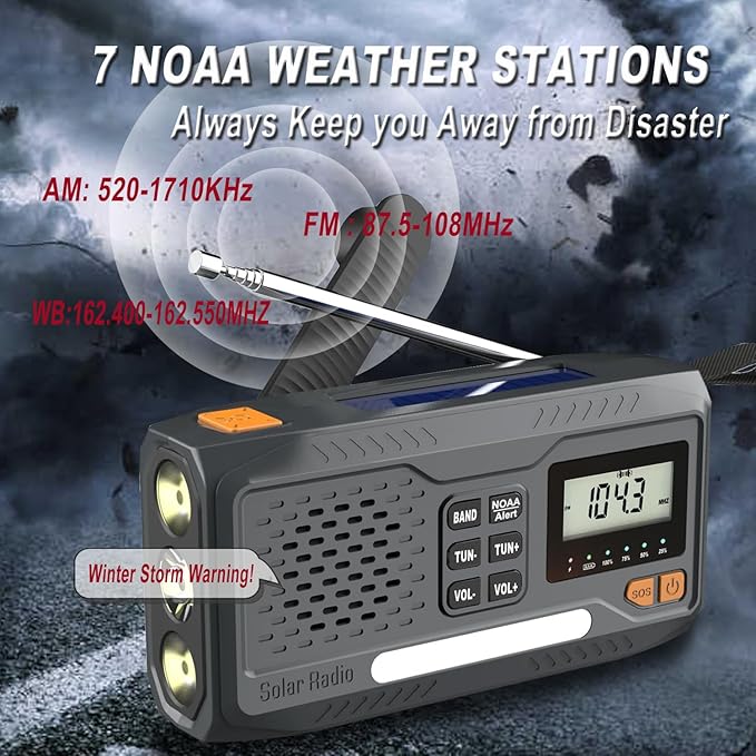 7400mWh Solar Hand Crank Emergency Weather Radio, NOAA AM FM Portable Radio with Flashlight, SOS Alarm, Digital Display & Phone Charger for Hurricane, Survival, Camping & Outdoor Emergencies