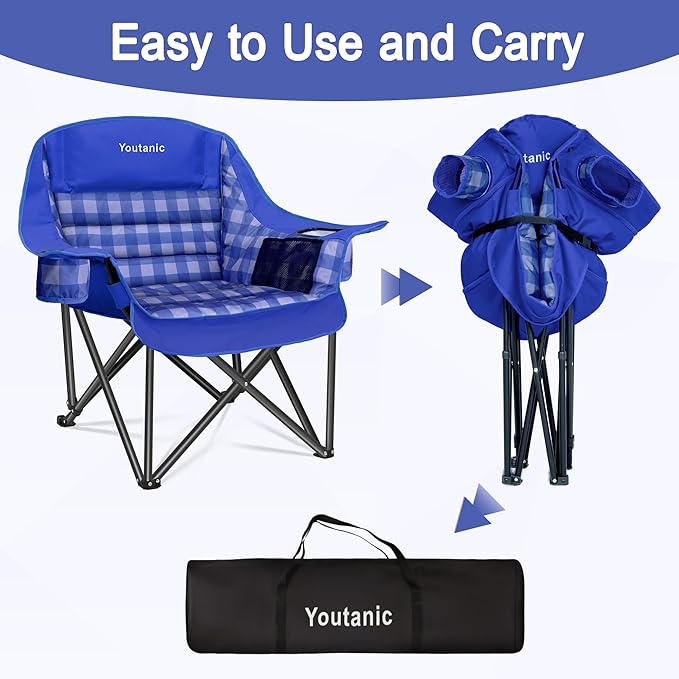 Youtanic Padded Camping Chairs for Adults, Heavy Duty 400 lbs Foldable Lawn Chair, Oversized Ergonomic Outdoor Seat with Plaid Design, Cup Holders & Storage Pockets for Fishing, Sports, Blue