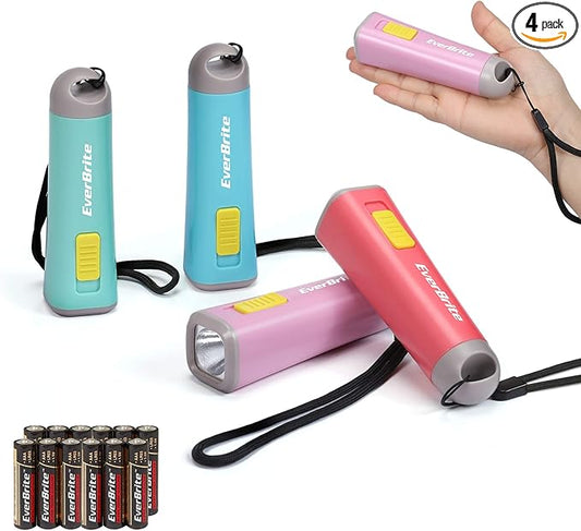 EverBrite 4-Pack Mini LED Plastic Flashlights, Assorted Colors Portable Torch Lights with Lanyard, Small Flashlight for Emergencies and Camping, 3 AAA Batteries Included