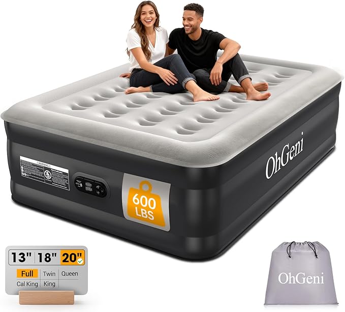 OhGeni Air Mattress Full with Built in Pump, 20" Raised Inflatable Blow up Mattress, Family Choice Award Winner, Portable Foldable Bed with Upgraded Surface for Home & Camping, 600 lbs