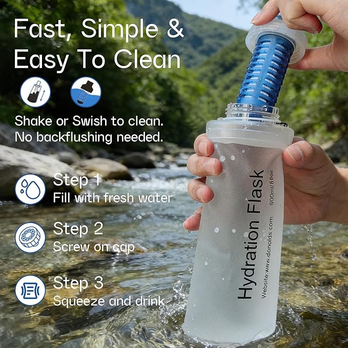 GUYI 500ml Collapsible Water Filter Bottle, Removes Impurities, BPA Free, Ultralight for Hiking, Camping, Cycling & Travel-White
