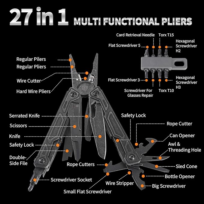 27-in-1Multitool Pliers with Scissors, Rope Cutters,Saw, Screwdrivers,Can Opener,File,Carrying Pouch,Stainless Steel Pocket Multi-Tool Ideal for Camping Survival and Gift,Black