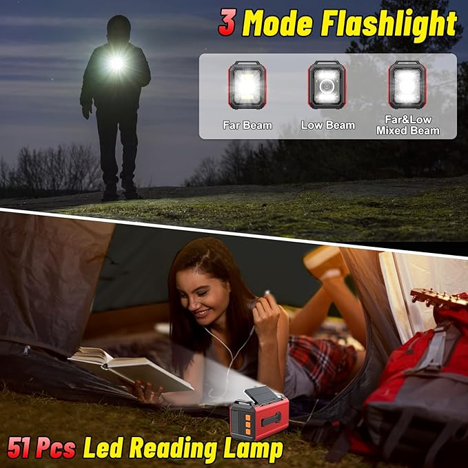 30000mAh Emergency Radio with NOAA Weather Alert, Emergency Hand Crank Weather Radio Portable AM/FM/NOAA Solar Radio with Compass SOS&Flashlight for Survival and Camping/Home (Red-30000mAh)