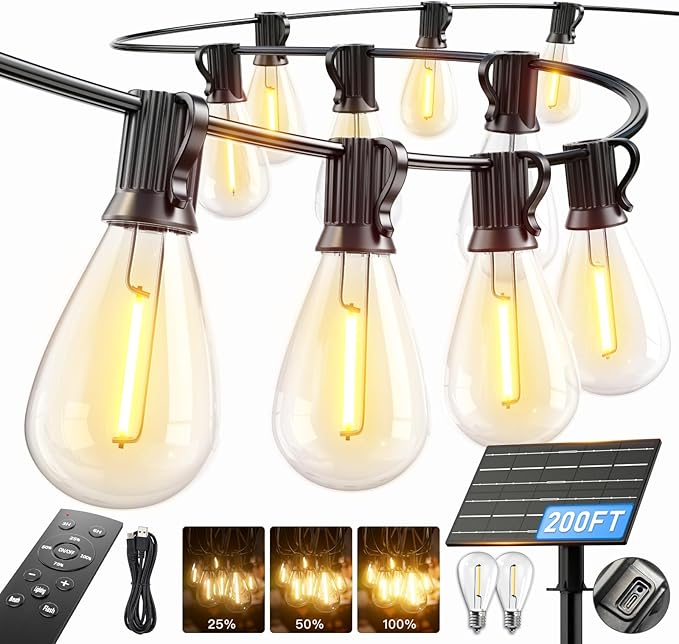 200FT Solar String Lights Outdoor Waterproof, 72+2 LED Solar Powered Lights with Remote Control, 3 Light Modes & Dimmable, USB-C Charging for Patio, Backyard, Garden, Camping
