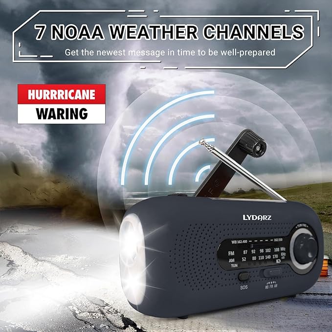 Emergency Crank Weather Radio, Solar Hand Crank Portable AM/FM/NOAA, 3 Mode Flashlight, SOS for Home and Outdoor (Black)