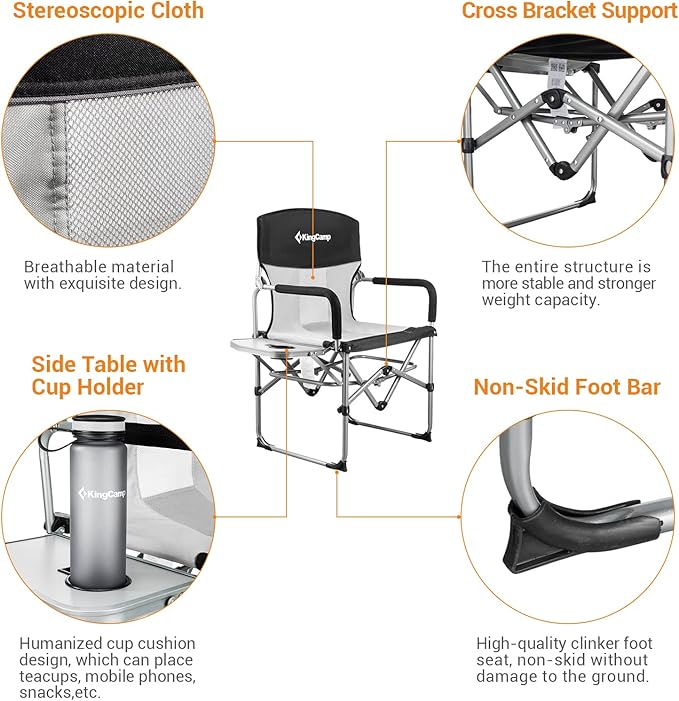 KingCamp Camping Chairs, Directors Chairs Foldable with Side Table, Heavy Duty Patio Chairs for Outside with Small Folding Size for Camp, Patio, Lawn, Garden, Beach, Trip, Easy Carry