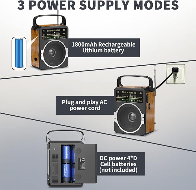 JEUJUG Portable AM FM Radio, Bluetooth 5.0 Radios 5 Watts Loud Speaker,FM Radio Built-in Rechargeable Battery/DC D*4 Cell Battery Operated & AC Power Plug in Wall Retro