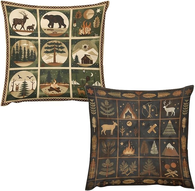 ITFRO Set of 2 Birthday Gift Wildlife Bear Deer Forest Bonfire Pine Tree Short Plush Both Sides Square Retro Checkered Throw Pillow Cover Cushion Case Farmhouse Sofa Decor 18x18 Inches (Checkered)
