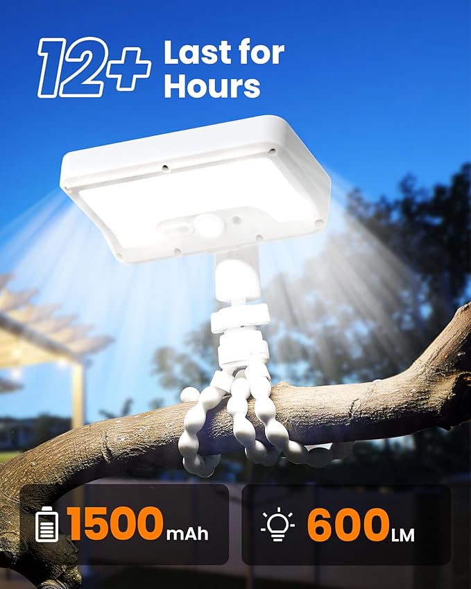 Motion Sensor Outdoor Lights with Flexible Octopus Tripod - 600LM Solar Sercurity Lights Waterproof, Dual Charging Solar Ourdoor Light for Camping,Fence, Patio (1Pack White)