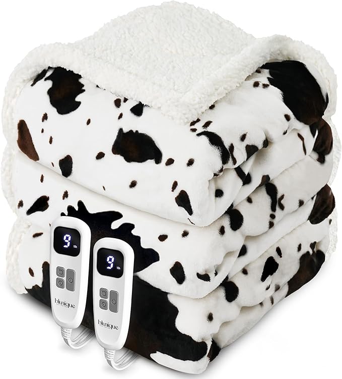 Heated Blanket King Blanket - Fast Heating Electric Blanket, Soft Flannel Heated King with 4 Time Settings,10 Heating Settings, Warm Gifts for Women & Mom & Grandma(90"x100"Cow Print White)