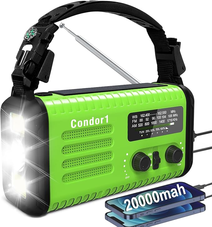 20000mAh Solar Hand Crank Emergency Radio, NOAA Portable Emergency AM/FM Radio with LED Flashlight Reading Lamp SOS Alarm USB-C Cell Phone Charger for Hurricane Survival