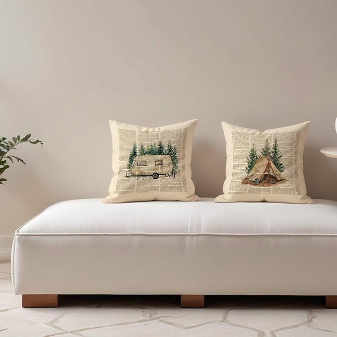 Vintage Camping Pillow Covers 18x18 Set of 2, Gifts for Campers Camping Lovers, Retro Forest Camper Camp Decorative Throw Pillow Covers for Couch Sofa Bedroom Living Room Home